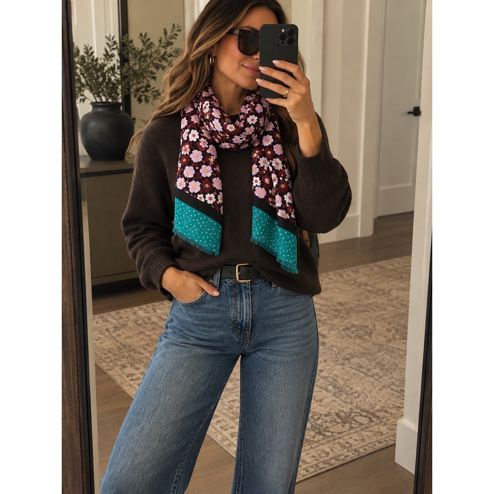 Kate Spade Floral Polka Dot Oblong Scarf Fringed Teal Burgundy 27x80 Inches